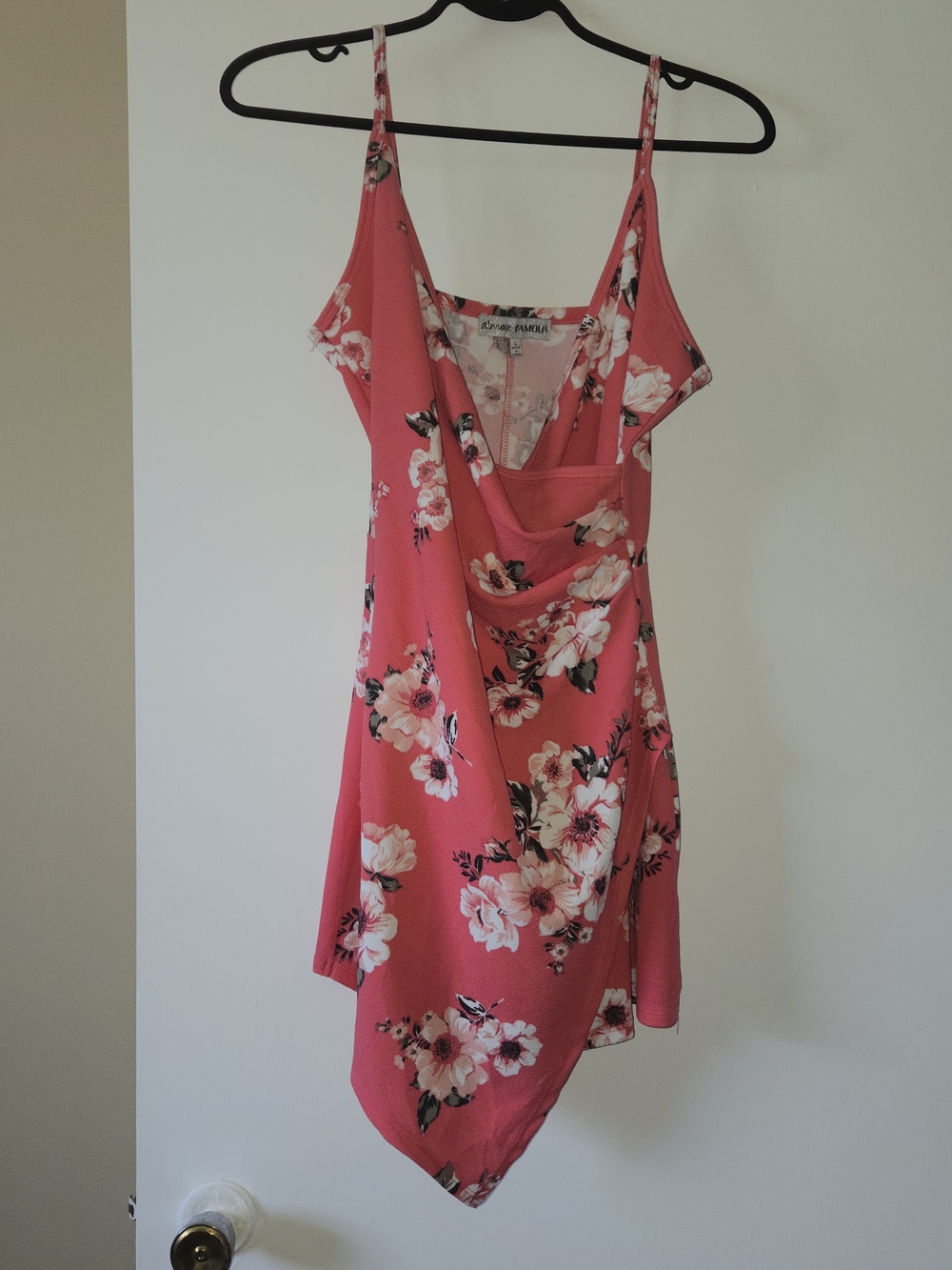 🎀Almost Famous Coral Pink Floral Asymmetrical Slip Dress
